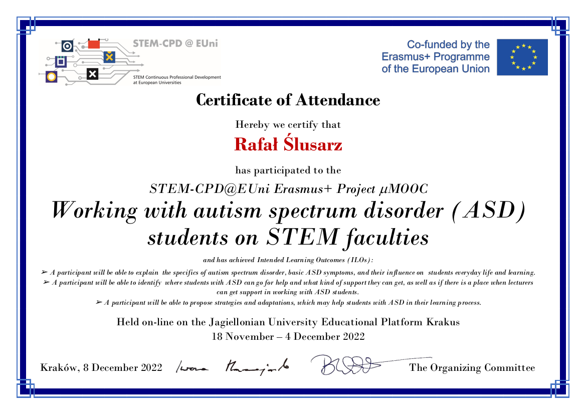 Working with autism spectrum disorder (ASD) students on STEM faculties - Certificate of Attendance