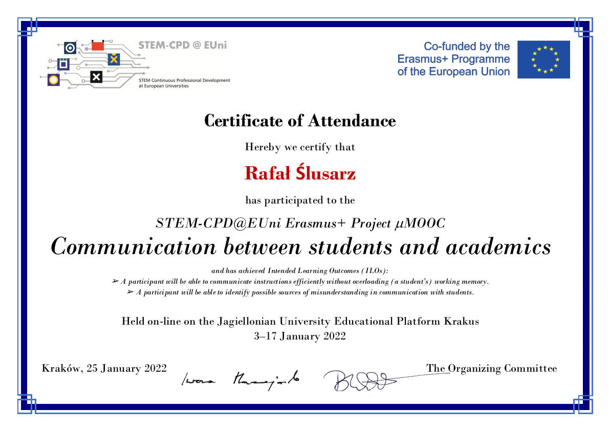 Communication between students and academics - Certificate of Attendance
